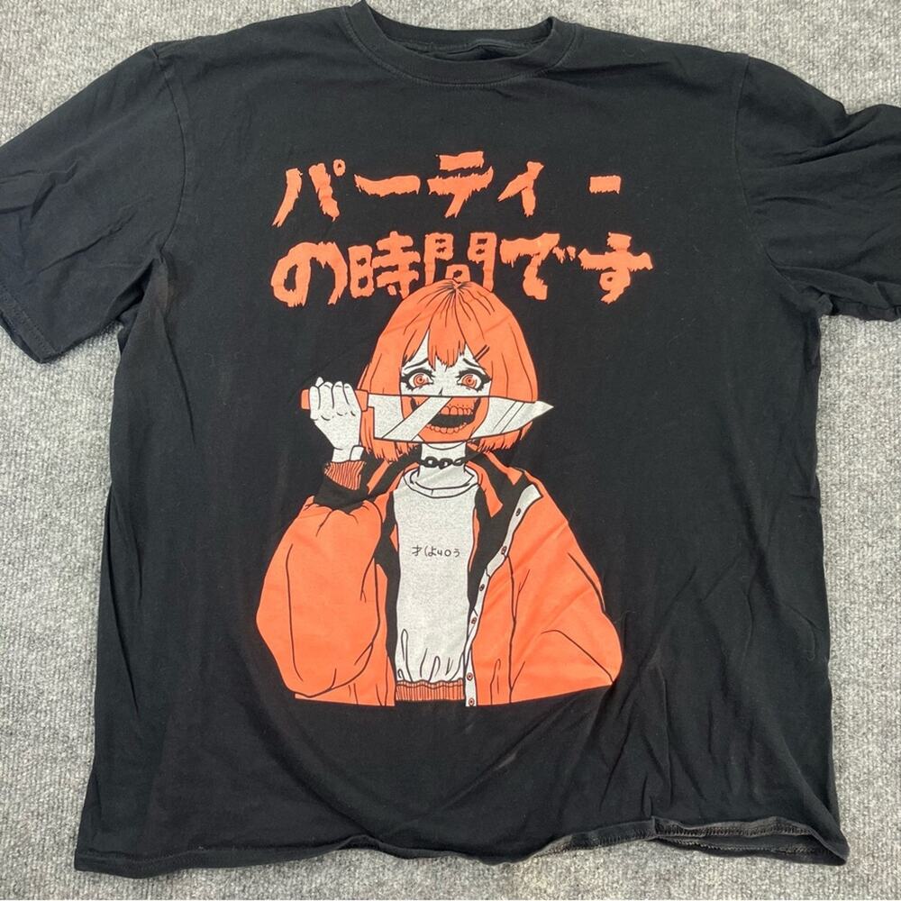 Black Graphic Tee with Orange Anime Knife Design - Unbranded